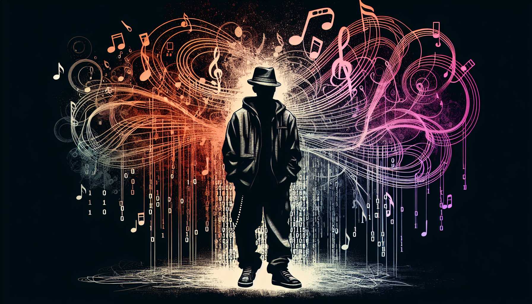silhouette of rapper with code and musical notes