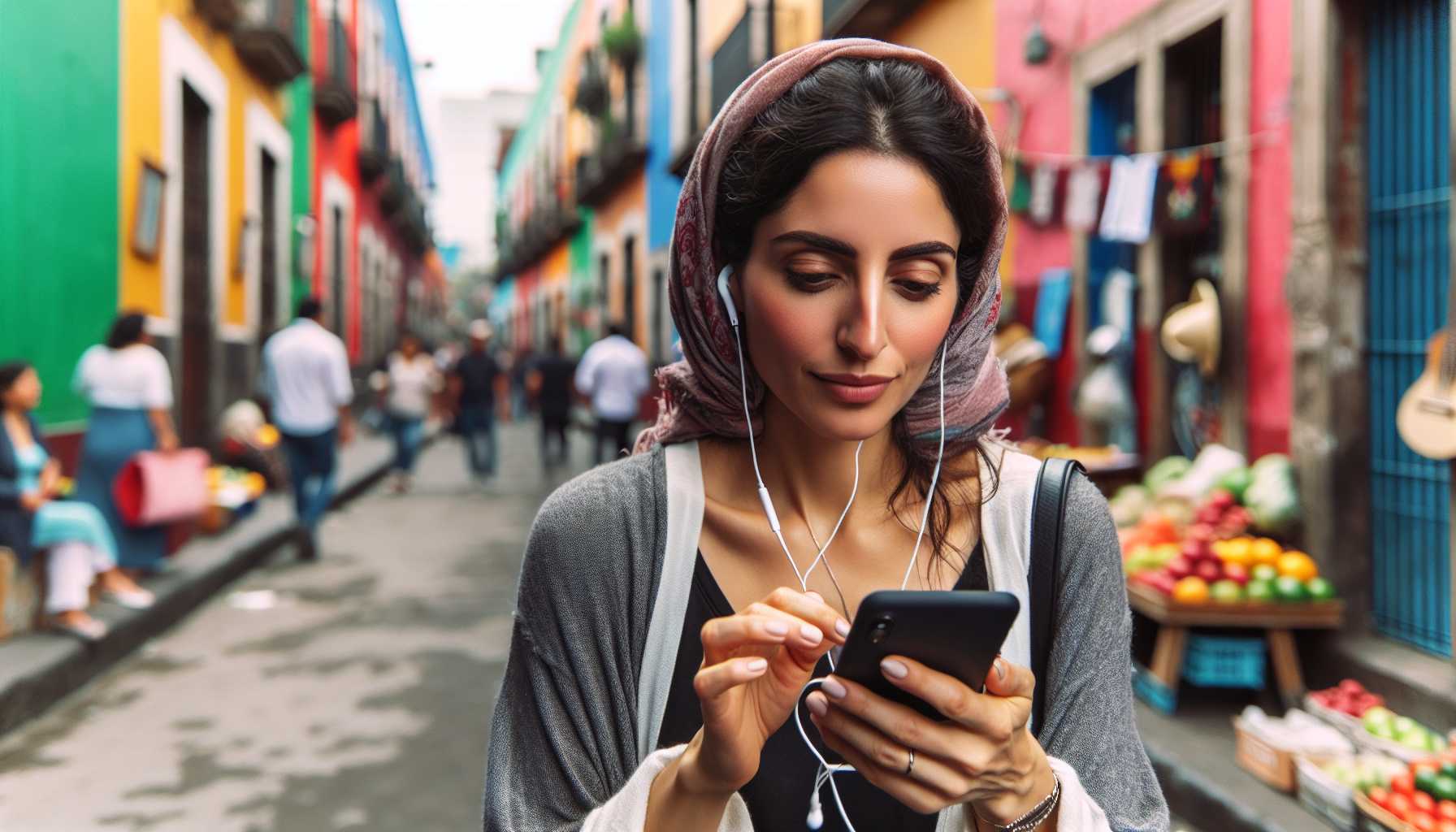 A person listening to music on their phone while walking down a street in Mexico City.