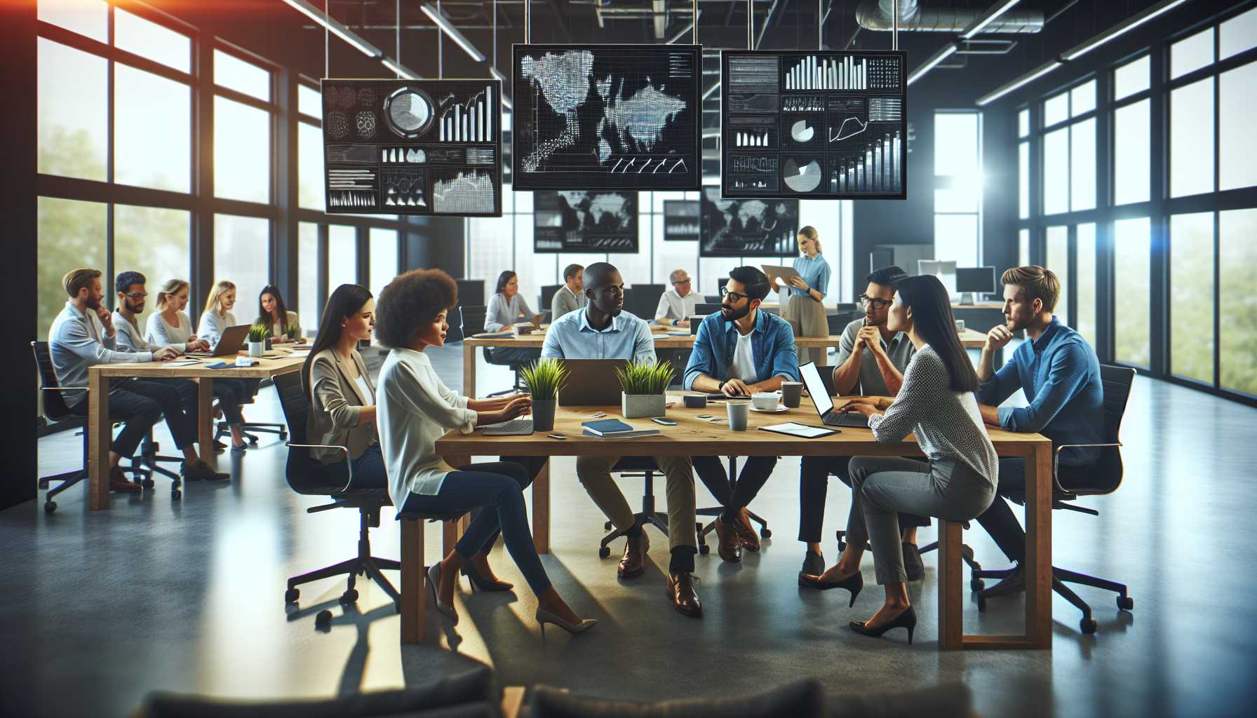 vibrant office environment with a diverse group of people discussing around a table with open laptops, digital screens showing graphs and charts