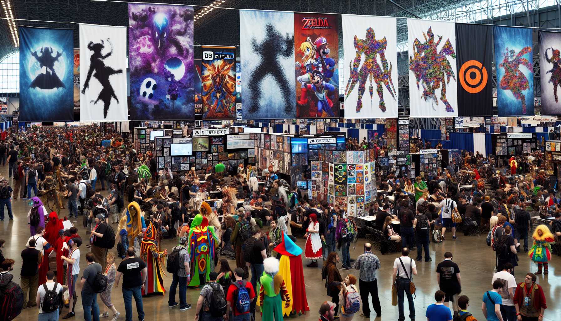 crowd of people gathered at a gaming convention with banners of popular video games and characters in costumes