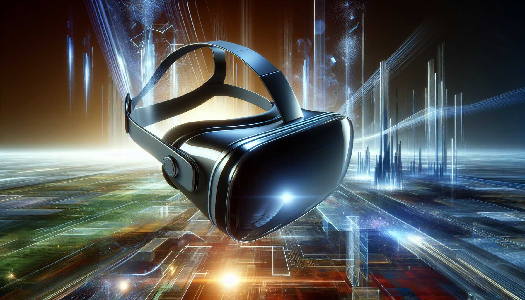 sleek and futuristic virtual reality headset floating over an abstract digital landscape, hinting at advanced technology and innovation