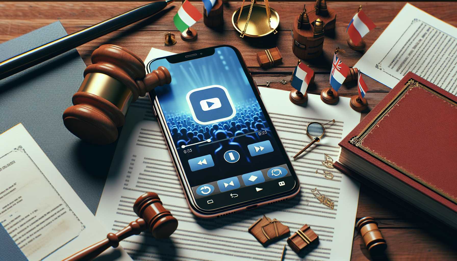 mobile phone with TikTok app on screen, surrounded by legal documents, a gavel, and emblems of the US flag symbolizing regulation and legal challenges