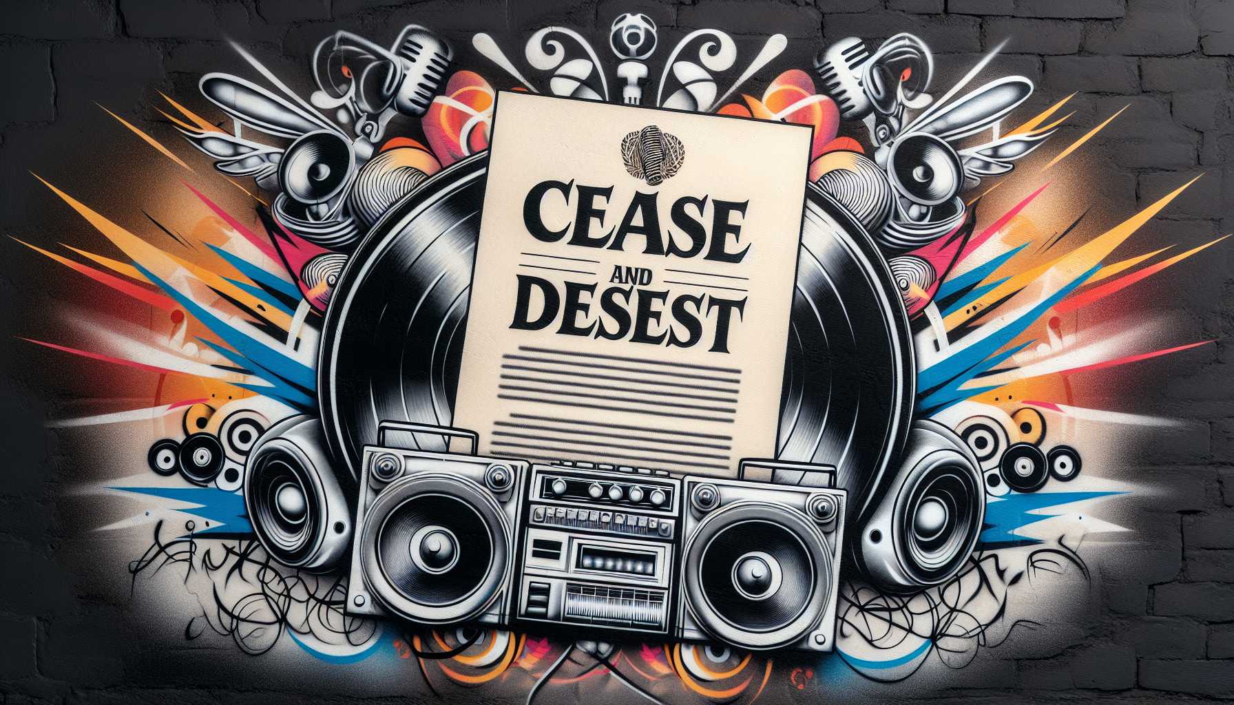Artist depiction of a cease and desist letter over a hip-hop background