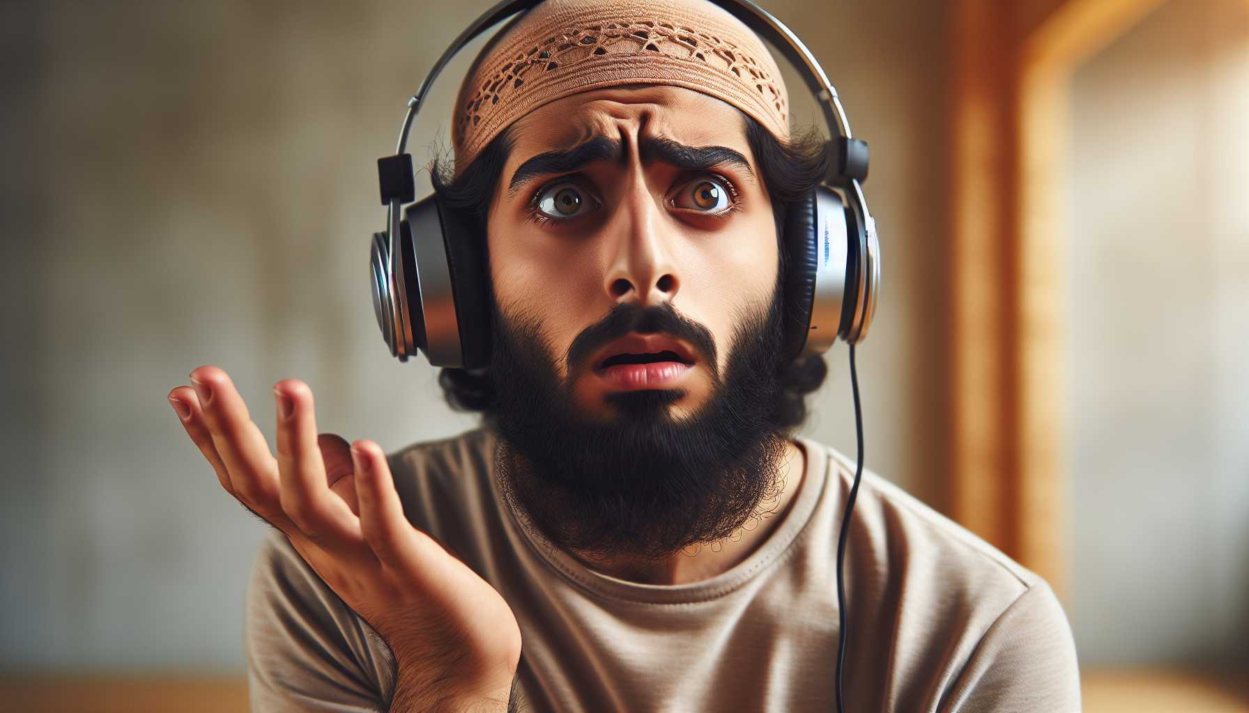 A perplexed person listening to a cloned AI voice on headphones