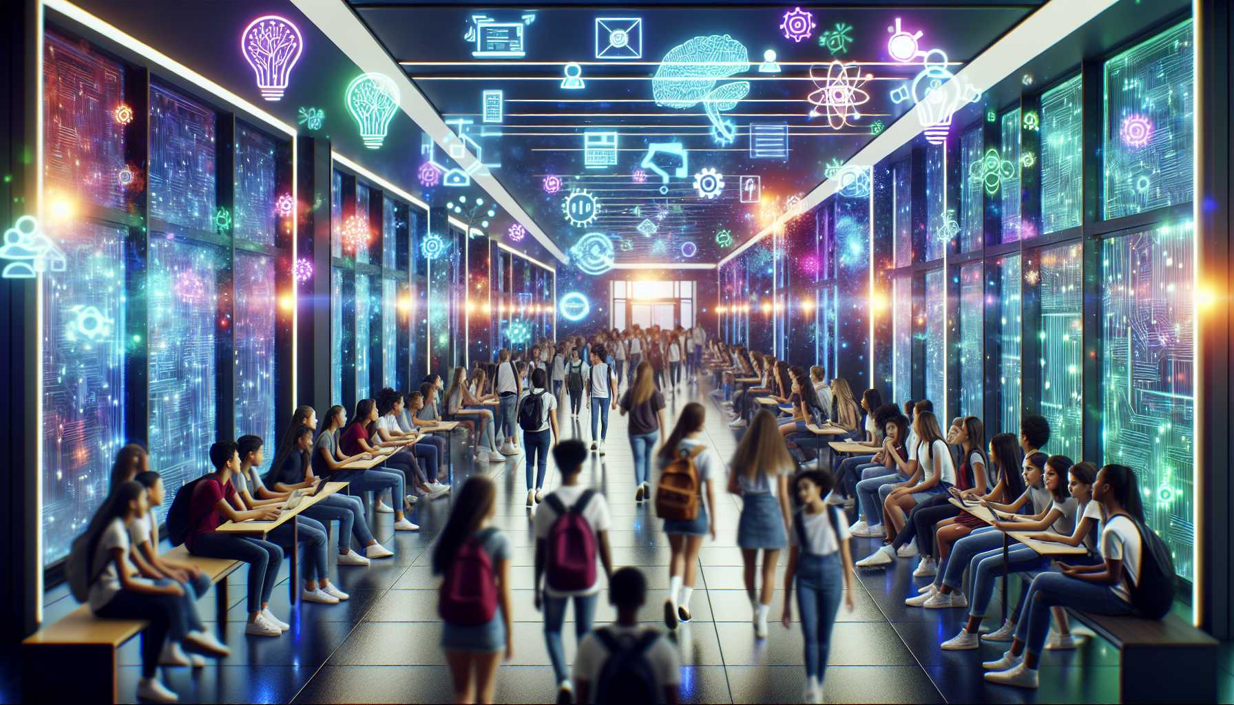A high school hallway with digital screens displaying AI technology symbols