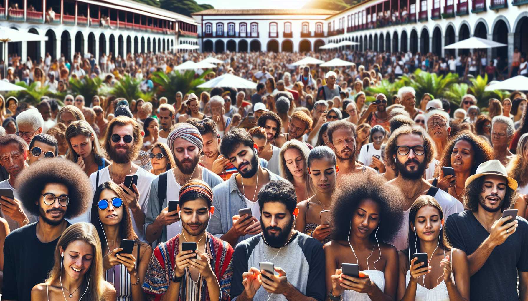 A group of people in Brazil using their smartphones to listen to music on a music streaming app.