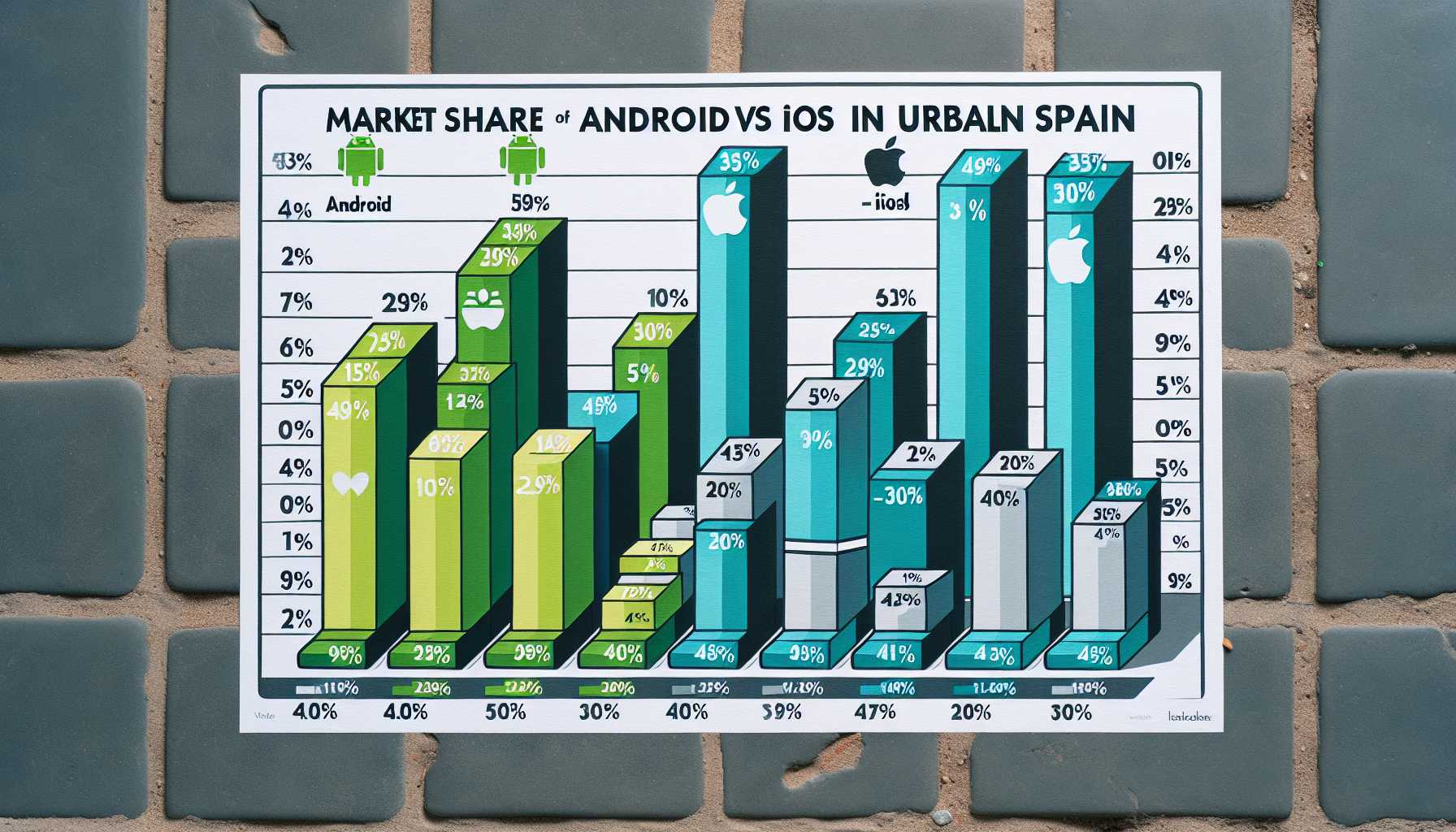 A bar graph showing the market share of Android and iOS in urban Spain.