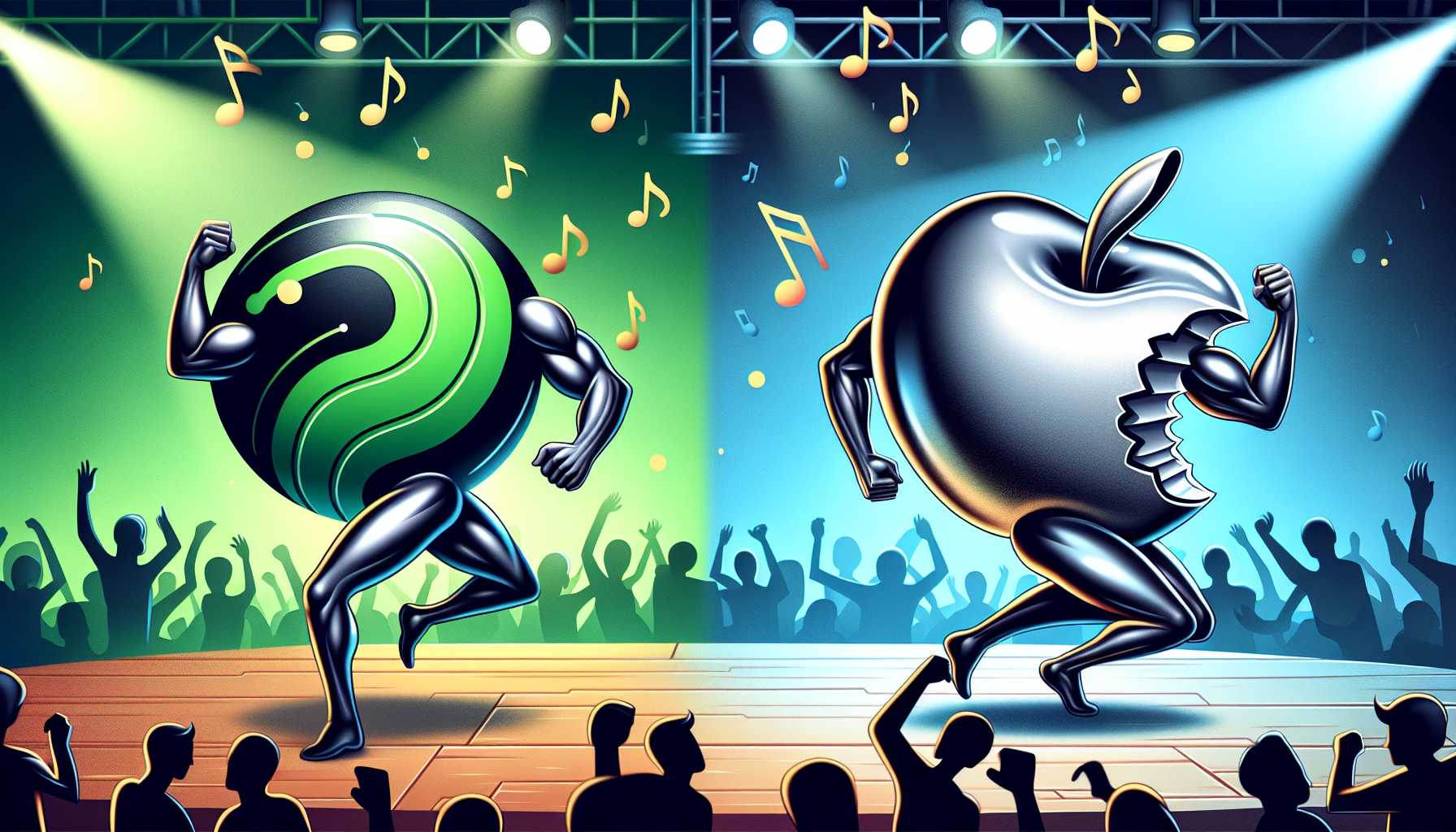 an illustration of Spotify and Apple logos in a dance competition