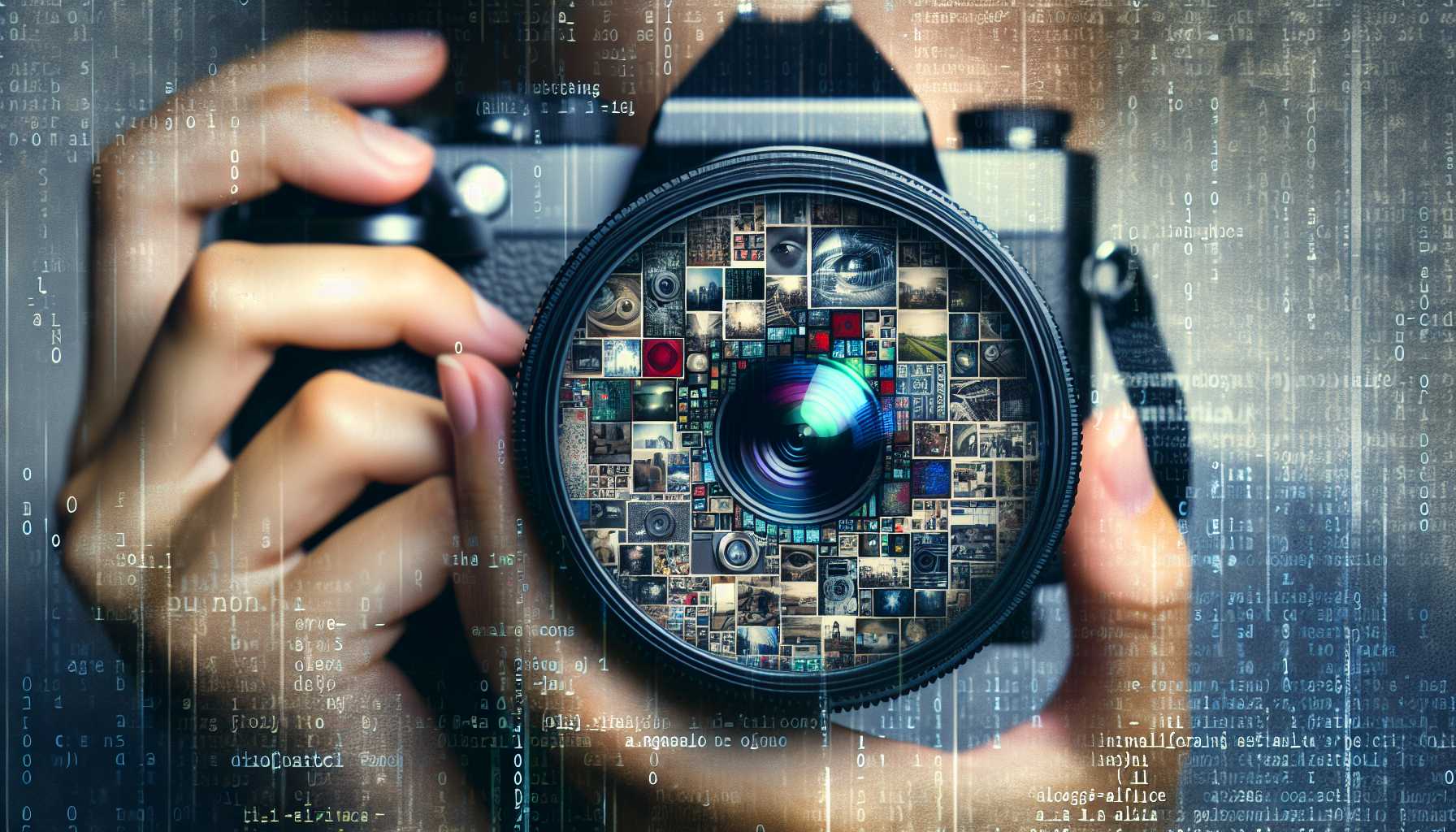 a camera lens peering over a wall of photographs with AI code overlay