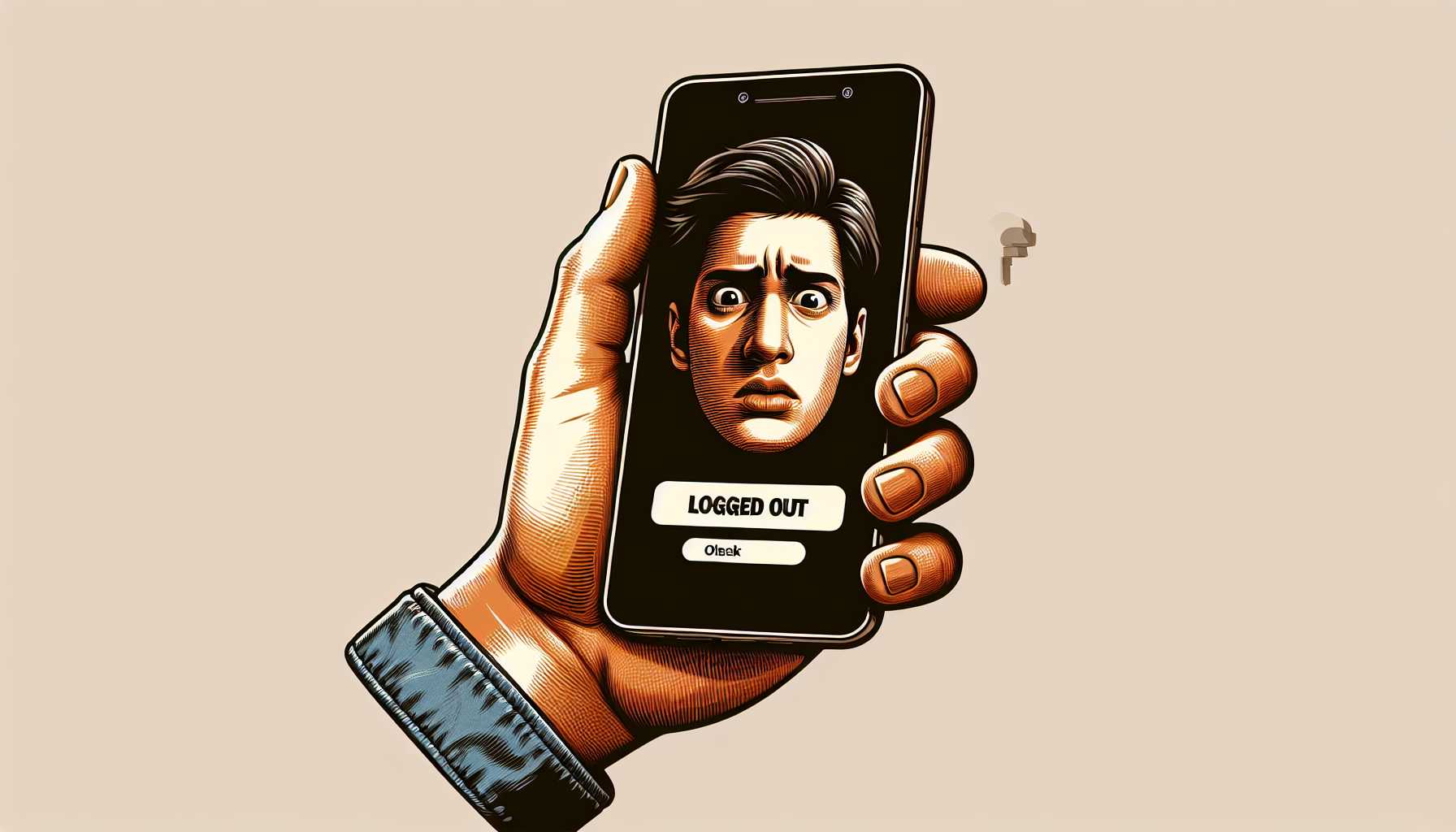 a hand holding an iPhone showing 'Logged Out' on the screen with a puzzled face in the background