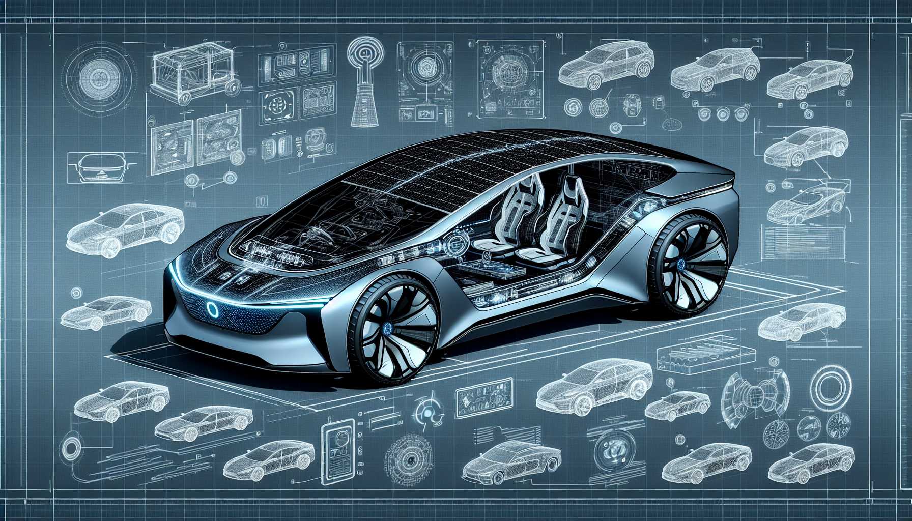 A futuristic car blueprint depicting advanced vehicle technology