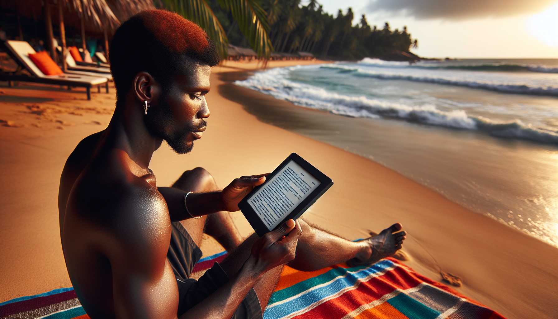 A person in Equatorial Guinea reading an e-reader on a beach.