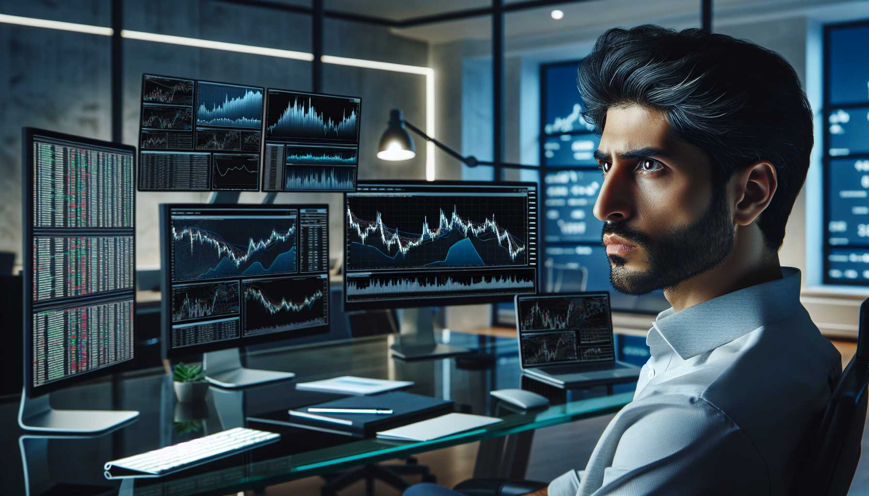 an investor analyzing the tech industry landscape on multiple computer screens