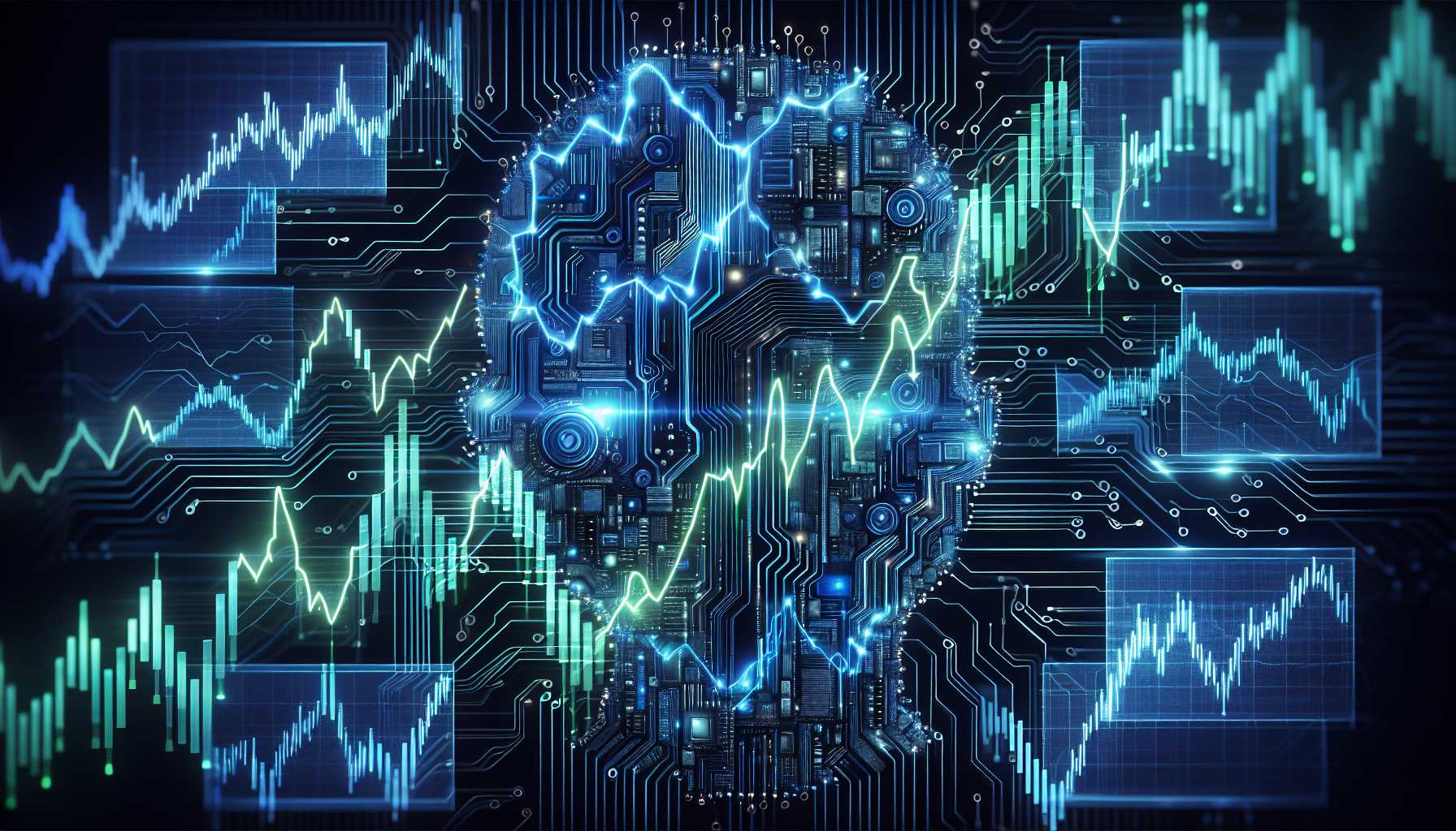 a conceptual image of AI and stock market graphs intertwined