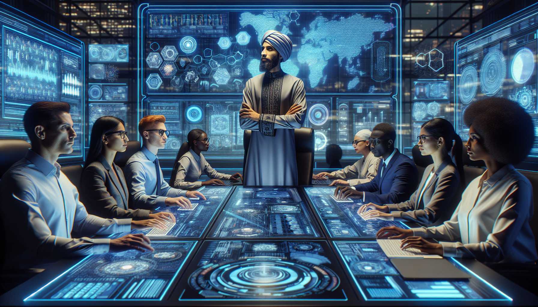 a visionary tech CEO leading a team at a futuristic command center