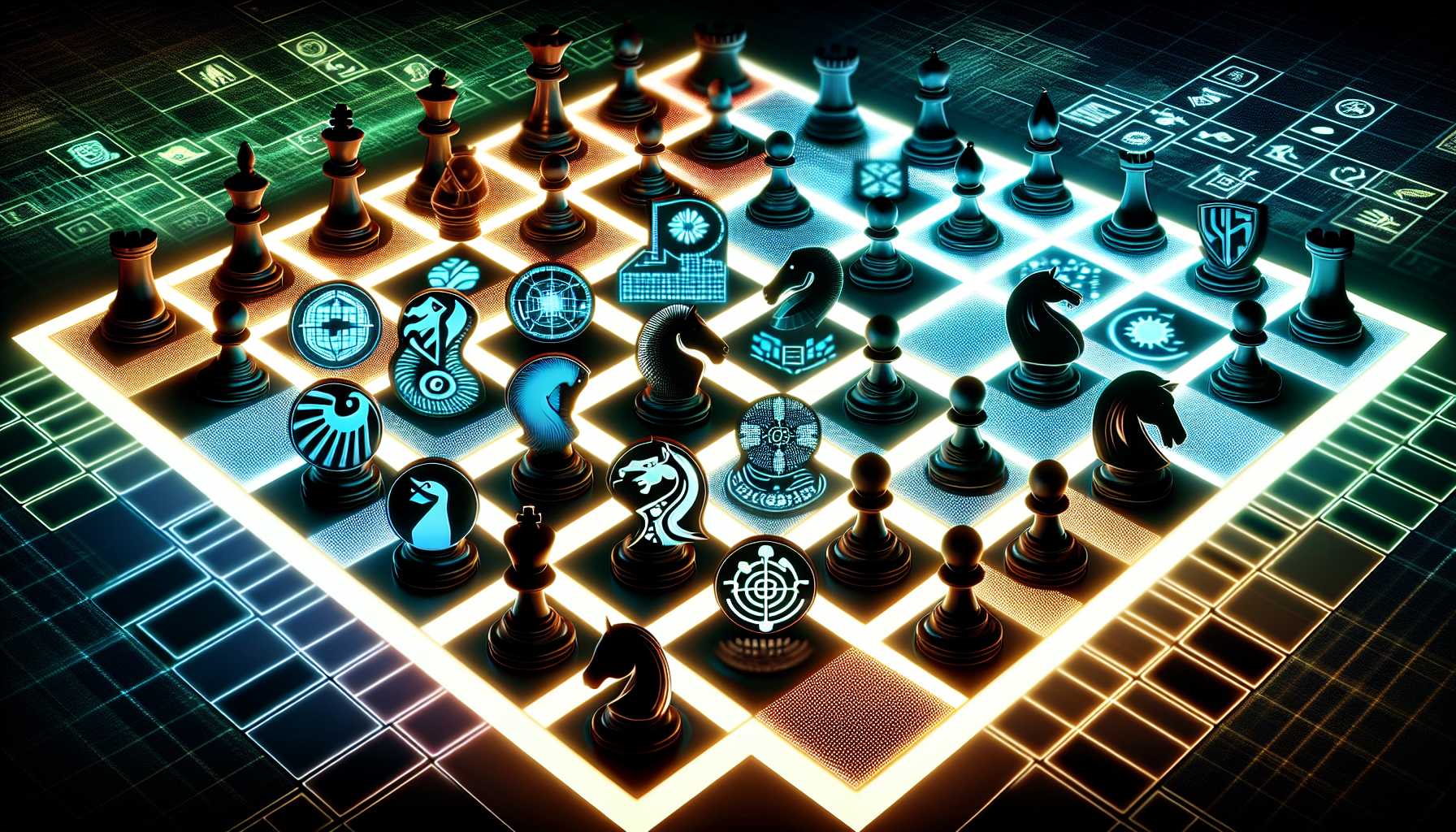 giant tech company logos as chess pieces on a modern digital chessboard