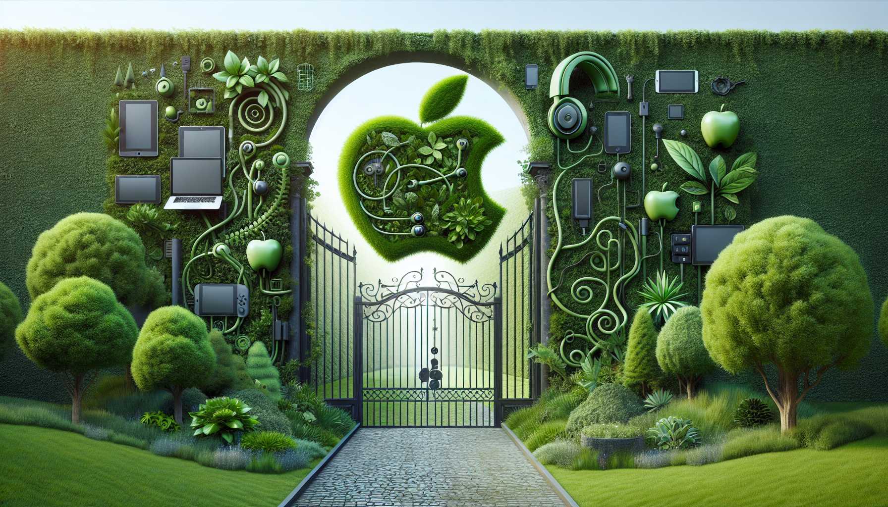 a conceptual illustration of a walled garden representing Apple’s ecosystem