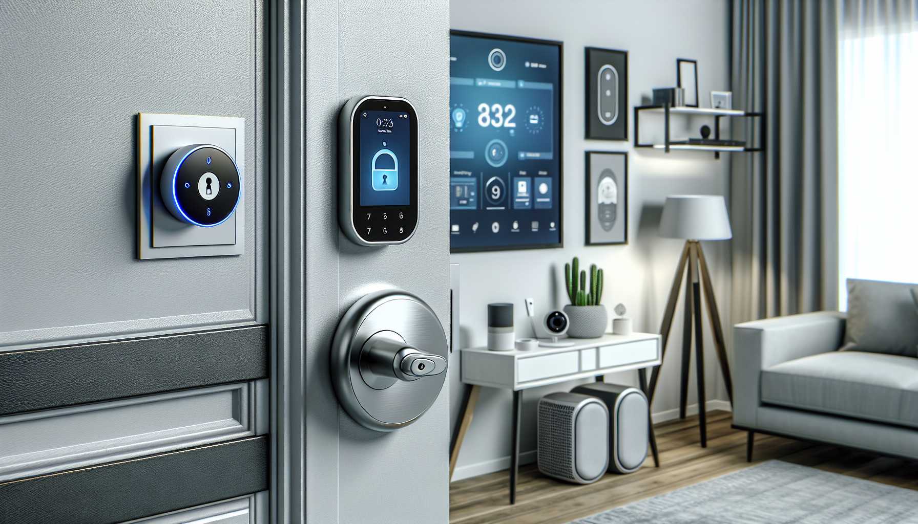 a smart lock on a door with surrounding smart home devices