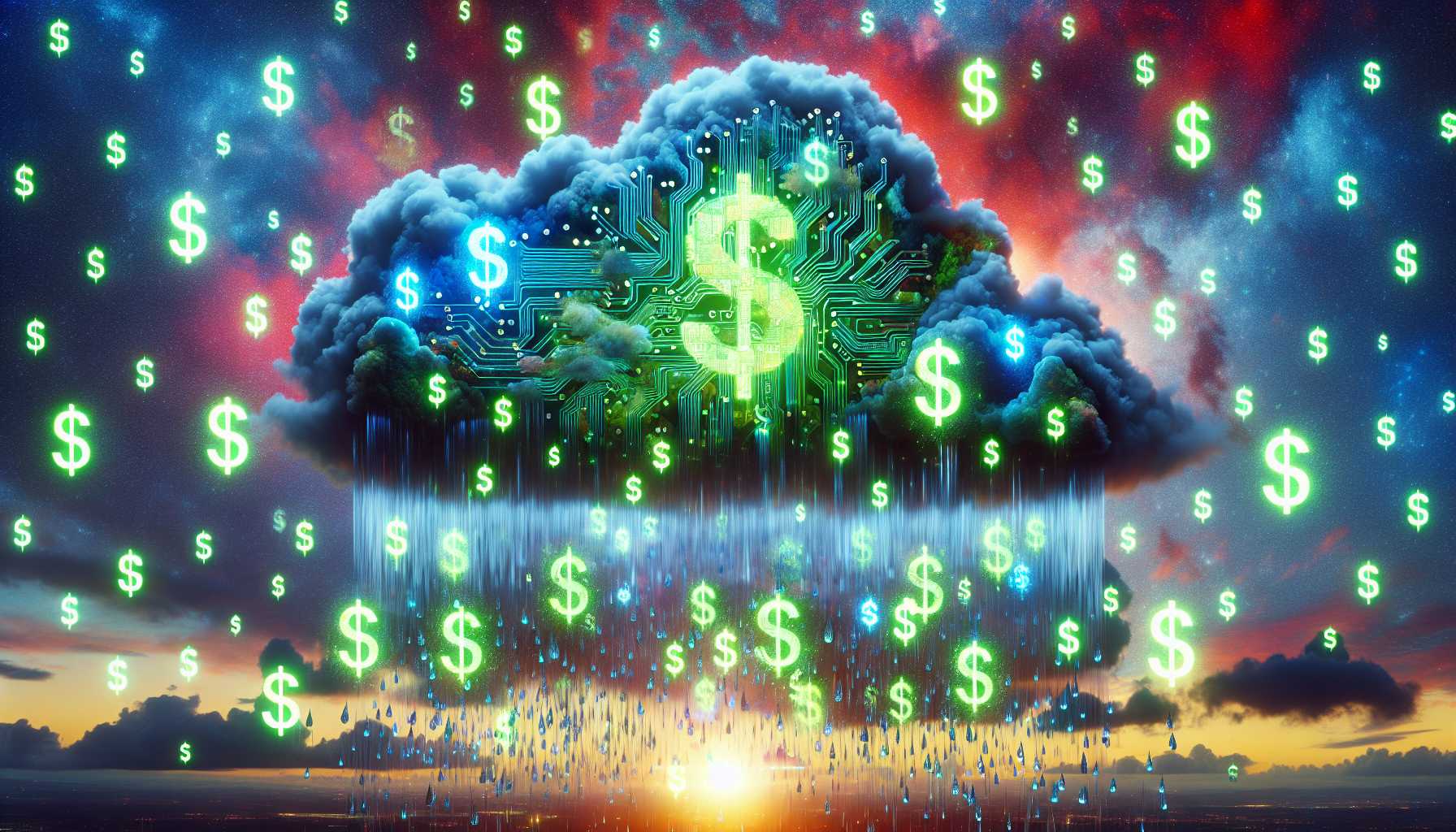 a vibrant cloud with AI circuits and dollar signs raining down