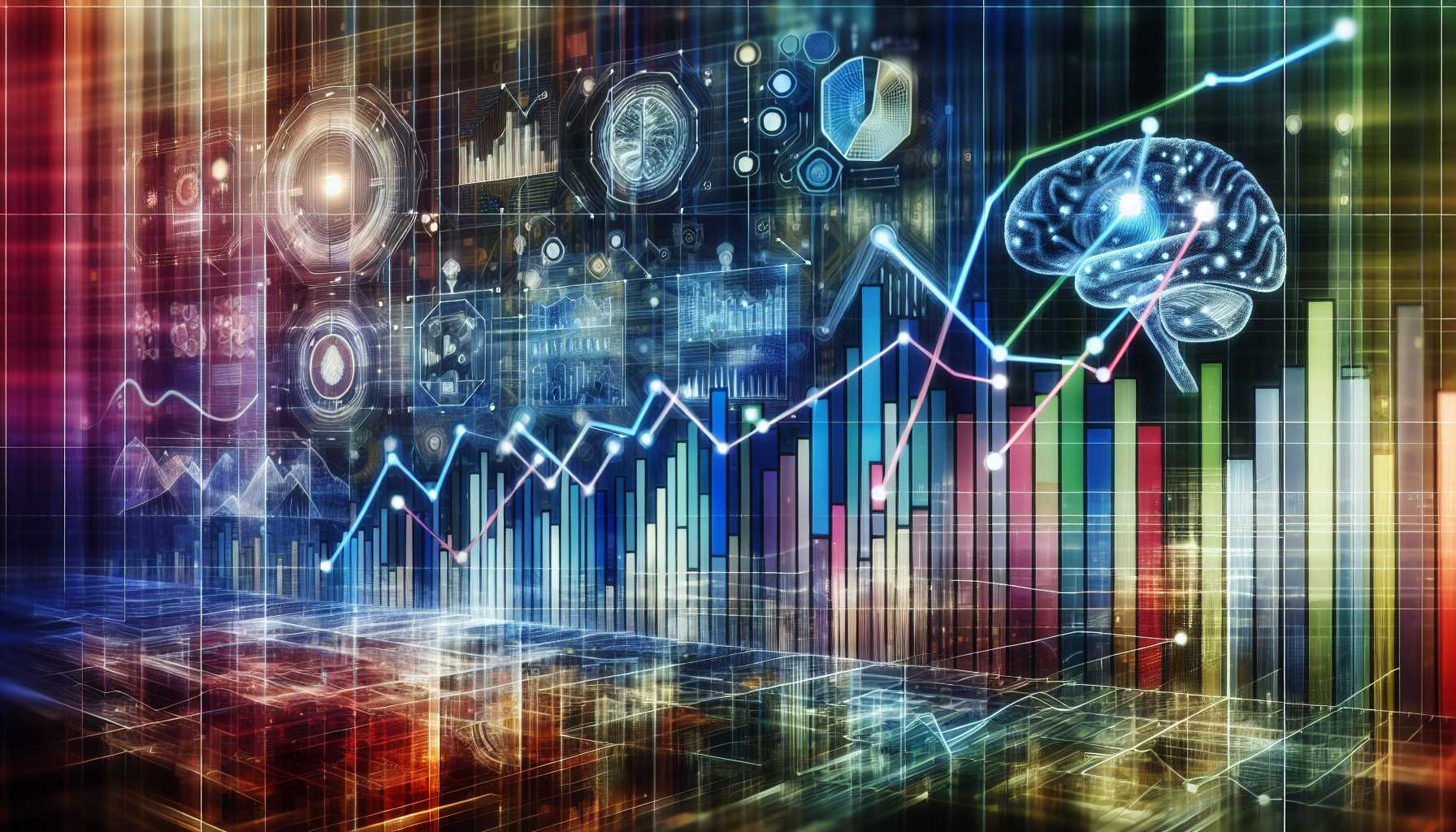 a stock market graph showing growth in tech stocks, with AI and cloud symbols in the background