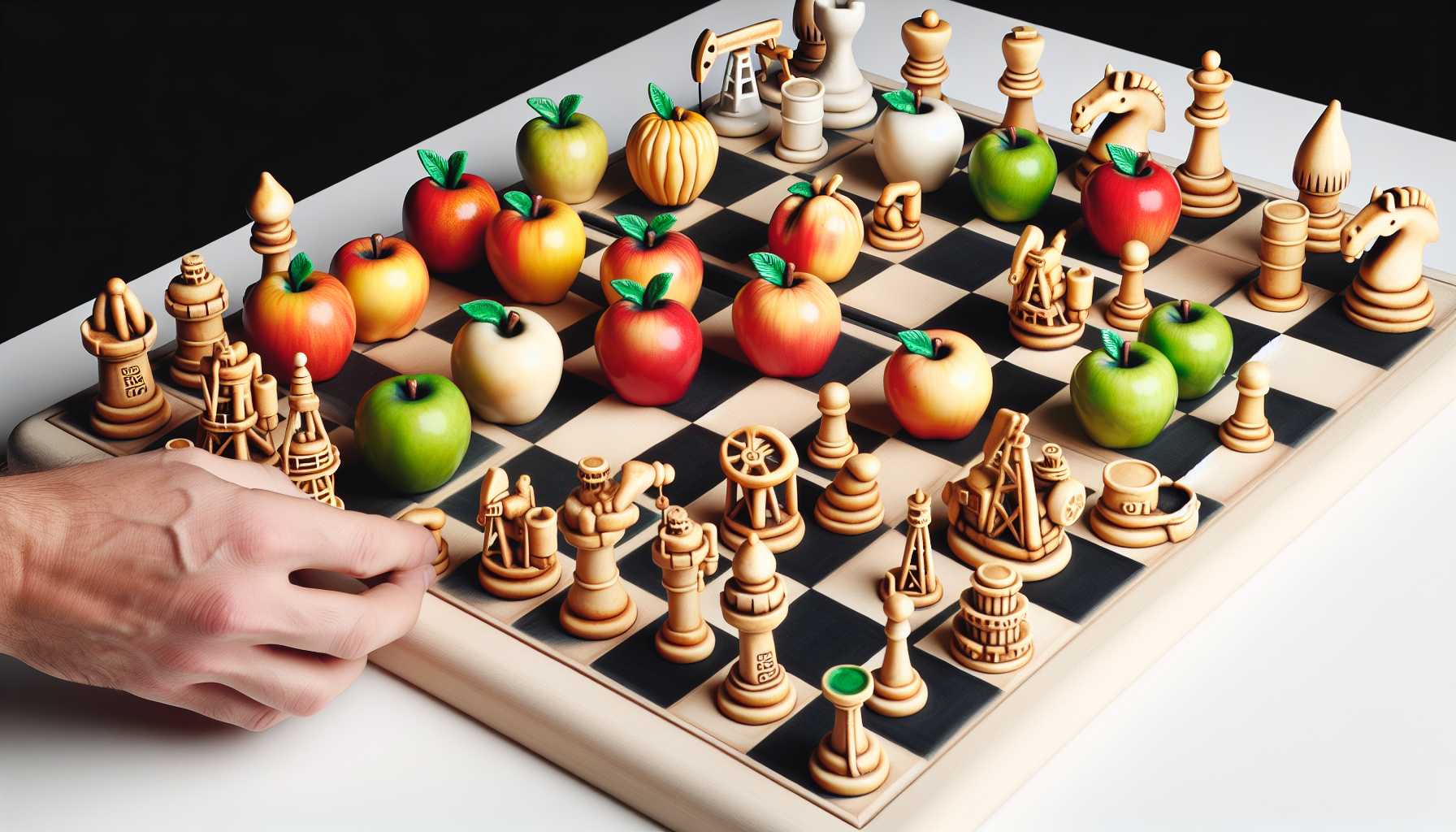 a chessboard with Apple and Occidental Petroleum chess pieces being moved by a hand