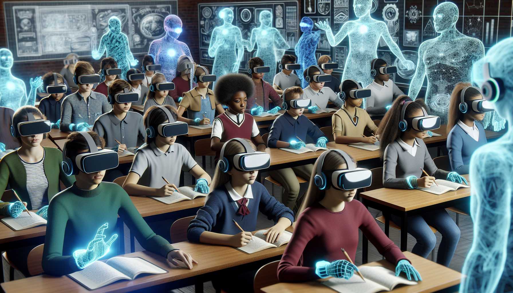 A futuristic classroom with students wearing VR headsets and interacting with a virtual environment.