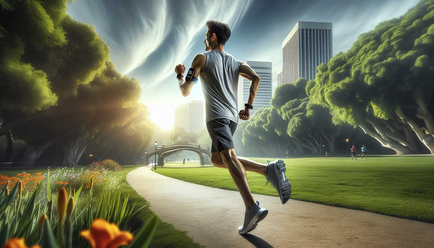 Person wearing a Xiaomi Mi Band 7 fitness tracker while running in a park