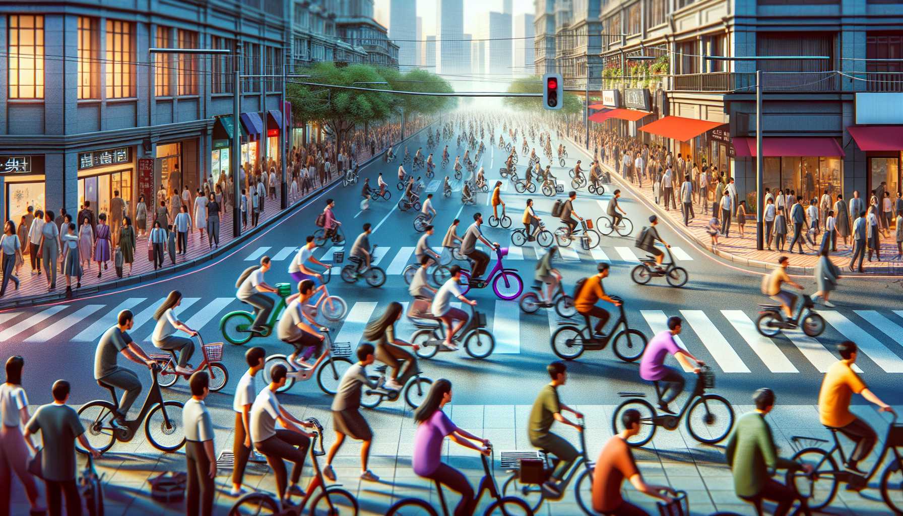 A bustling street scene in Shanghai, China, filled with people riding electric bikes.