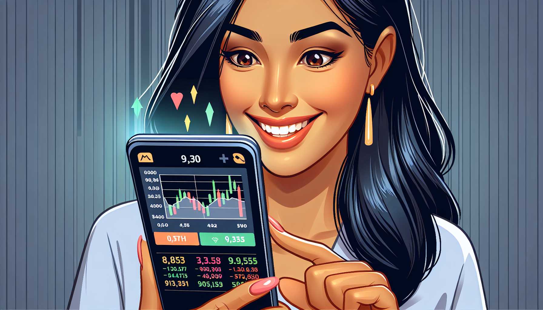 A person using a stock trading app on their phone with a happy expression.