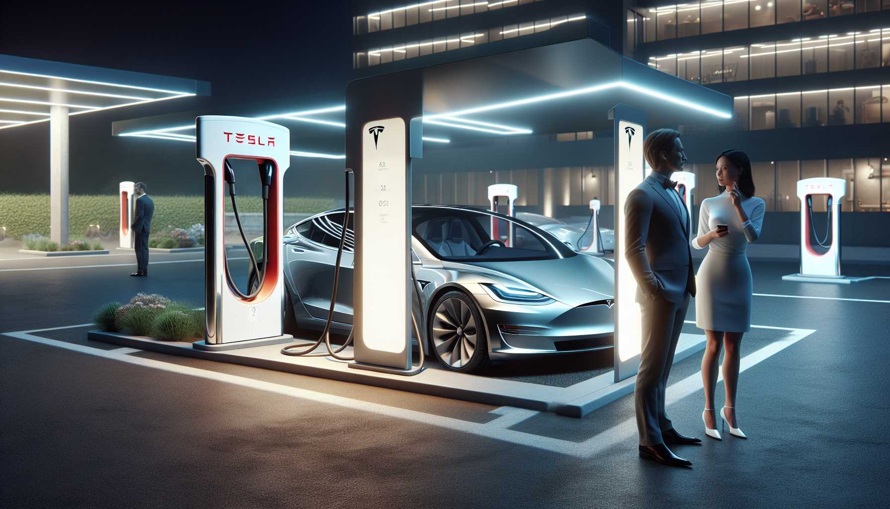 Tesla supercharger station with electric car being charged