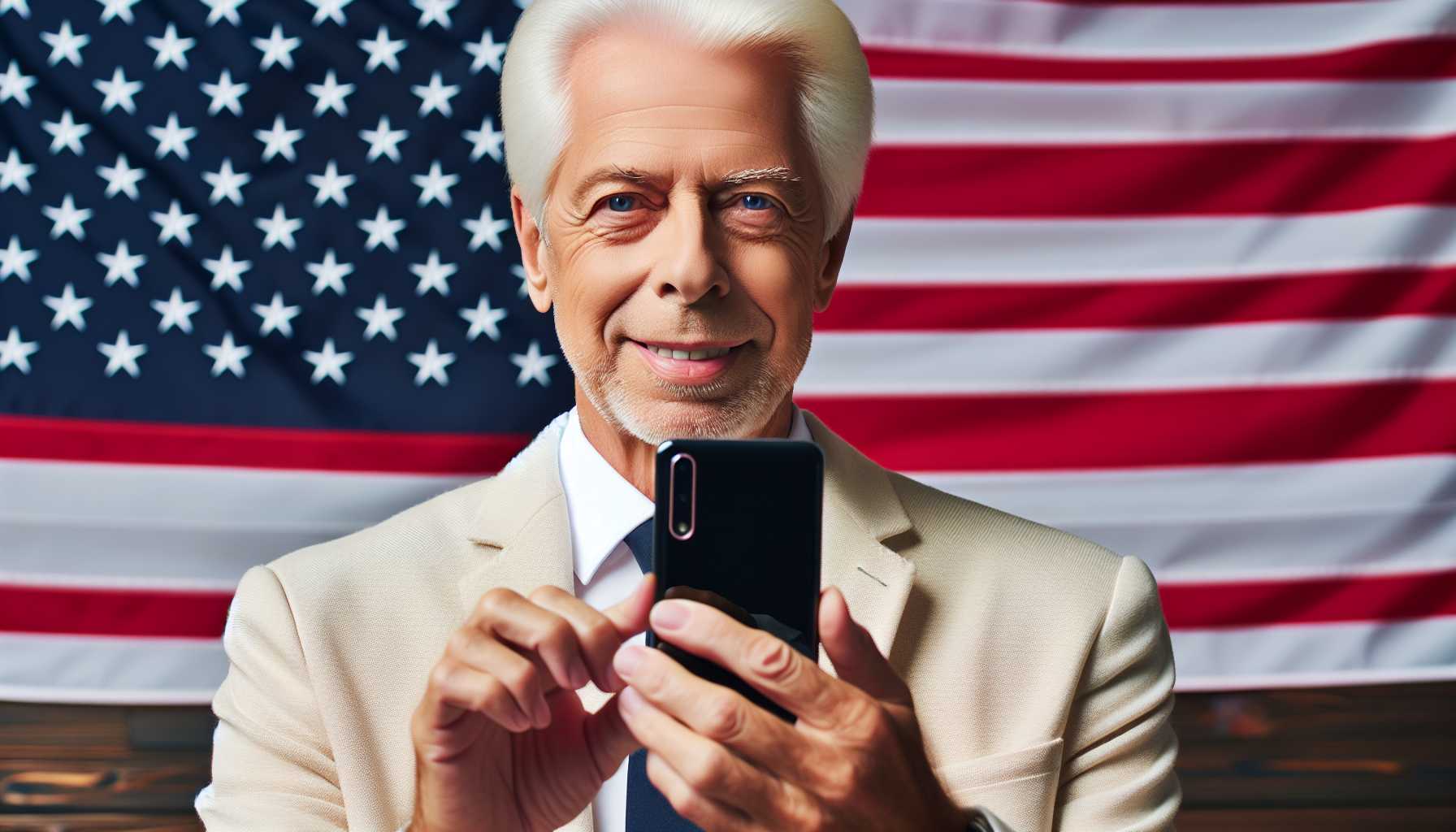 President Joe Biden using TikTok on smartphone with American flag background