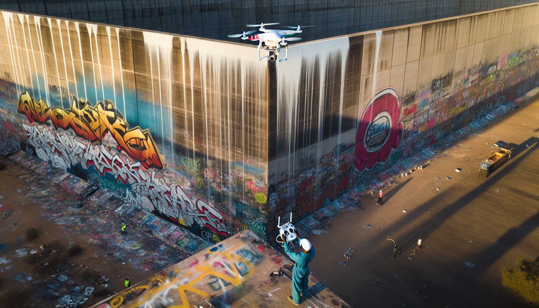 drone painting over graffiti on a high wall