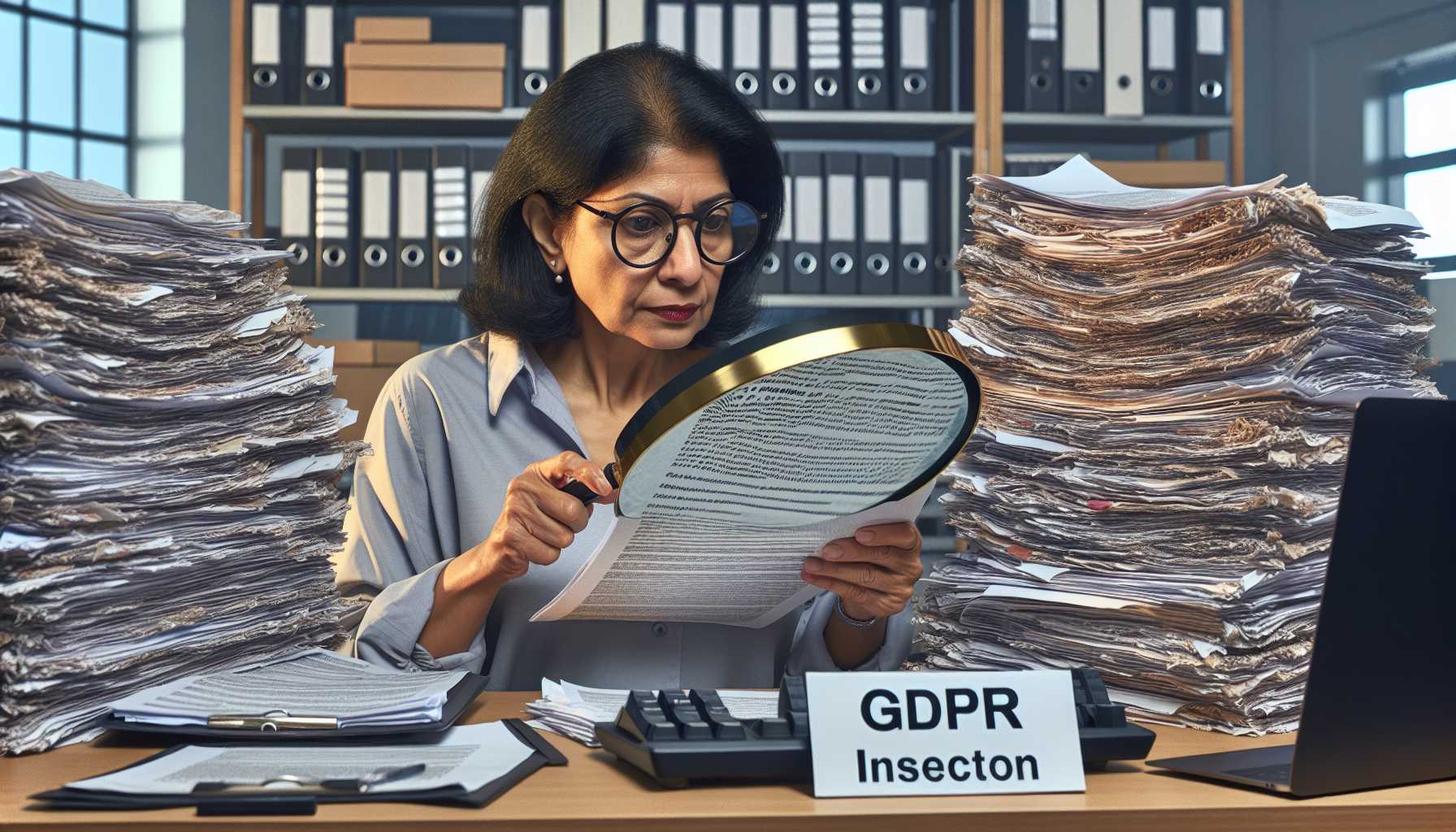 An inspector scrutinizing AI-generated data with a magnifying glass over GDPR documents.