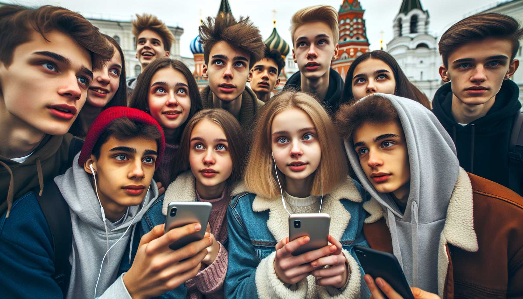 Teenagers in Moscow listening to music on their smartphones