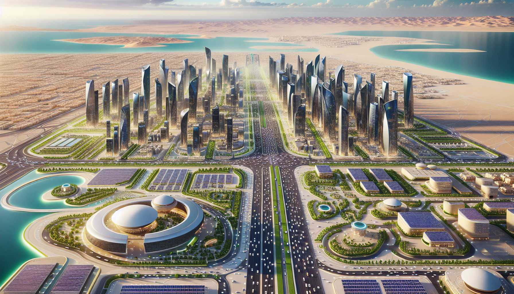 A futuristic cityscape in Qatar with buildings covered in solar panels and electric vehicles on the roads.