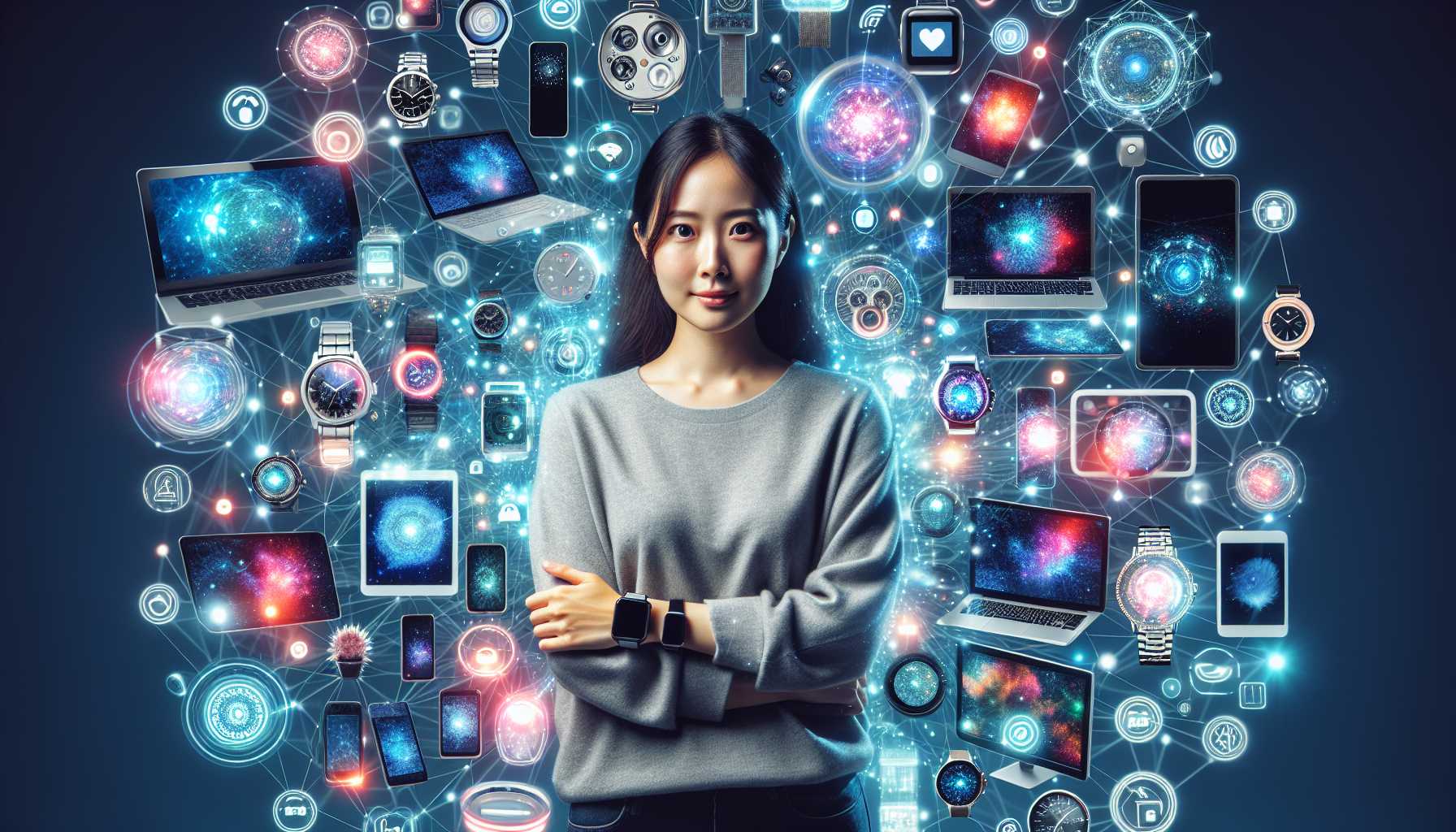 A person in South Korea surrounded by various connected devices like smartphones, laptops, smartwatches, and smart home appliances.