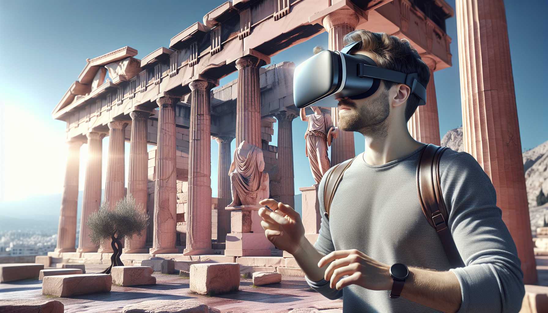 A person using a virtual reality headset to explore the Acropolis