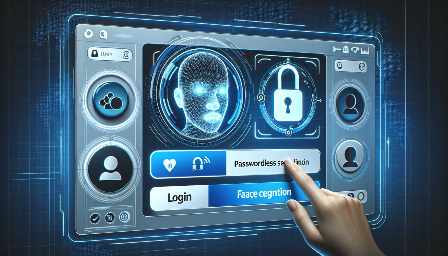 Social media interface showing passwordless login with face recognition technology