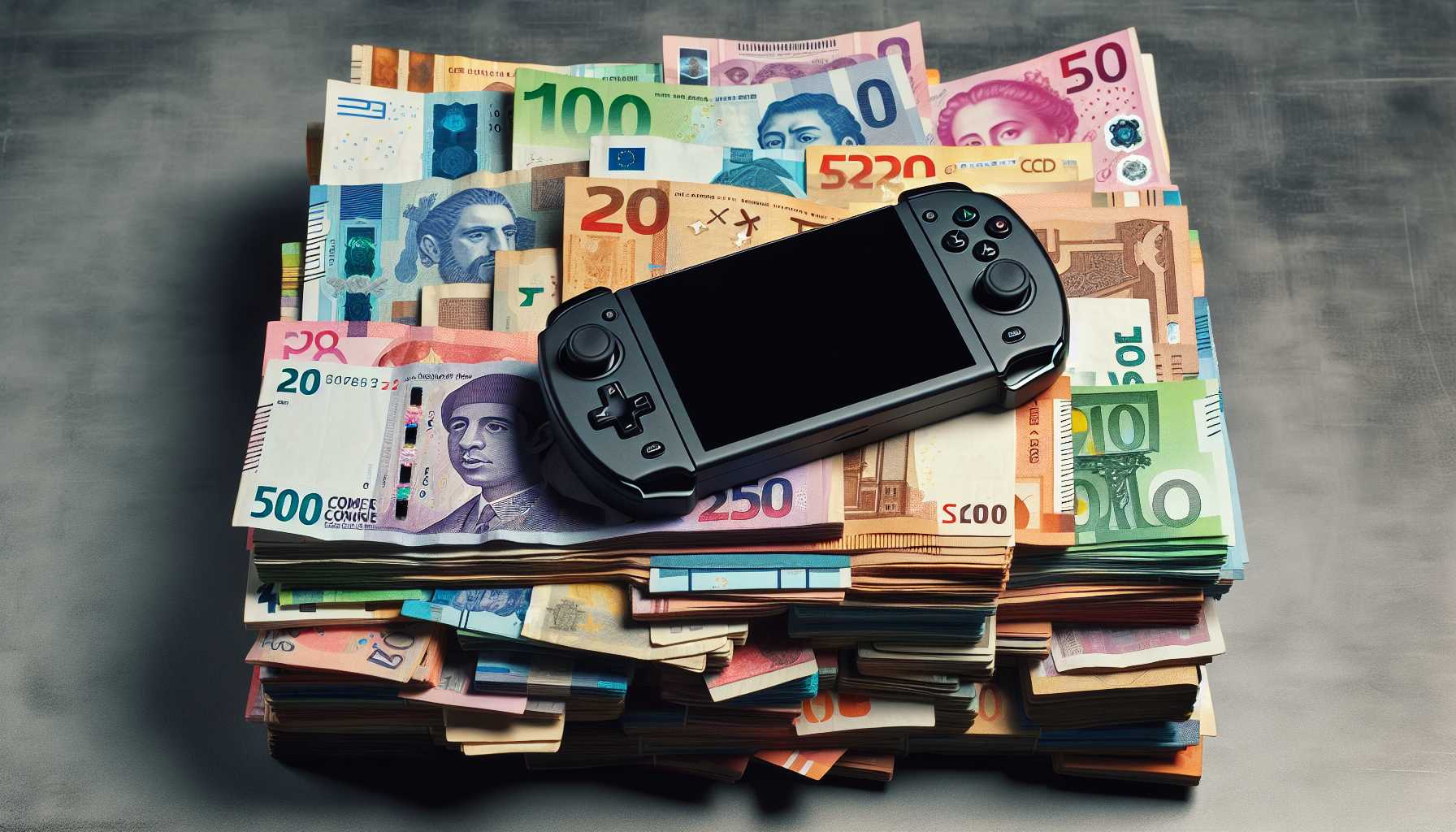 Stack of various currency notes with a Nintendo Switch console on top