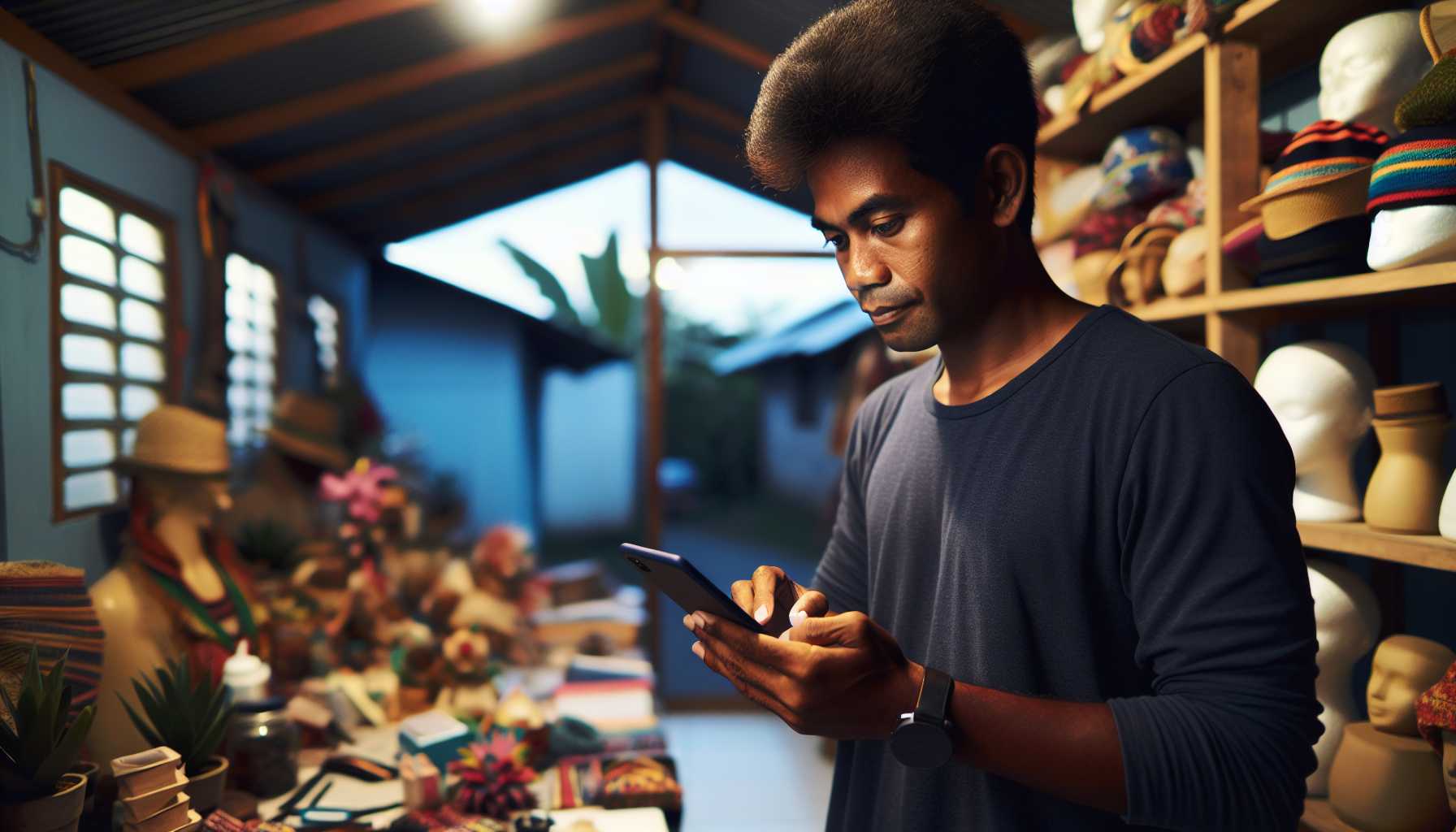 A Timorese small business owner using a smartphone to manage their online store.