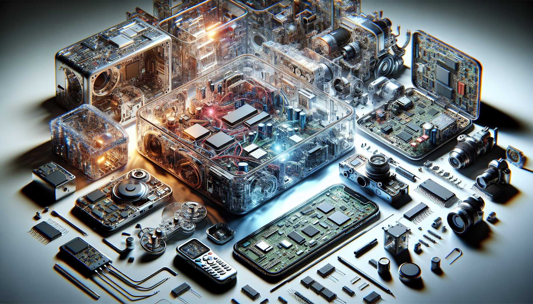 tech devices internals exposed, with electronic components visible