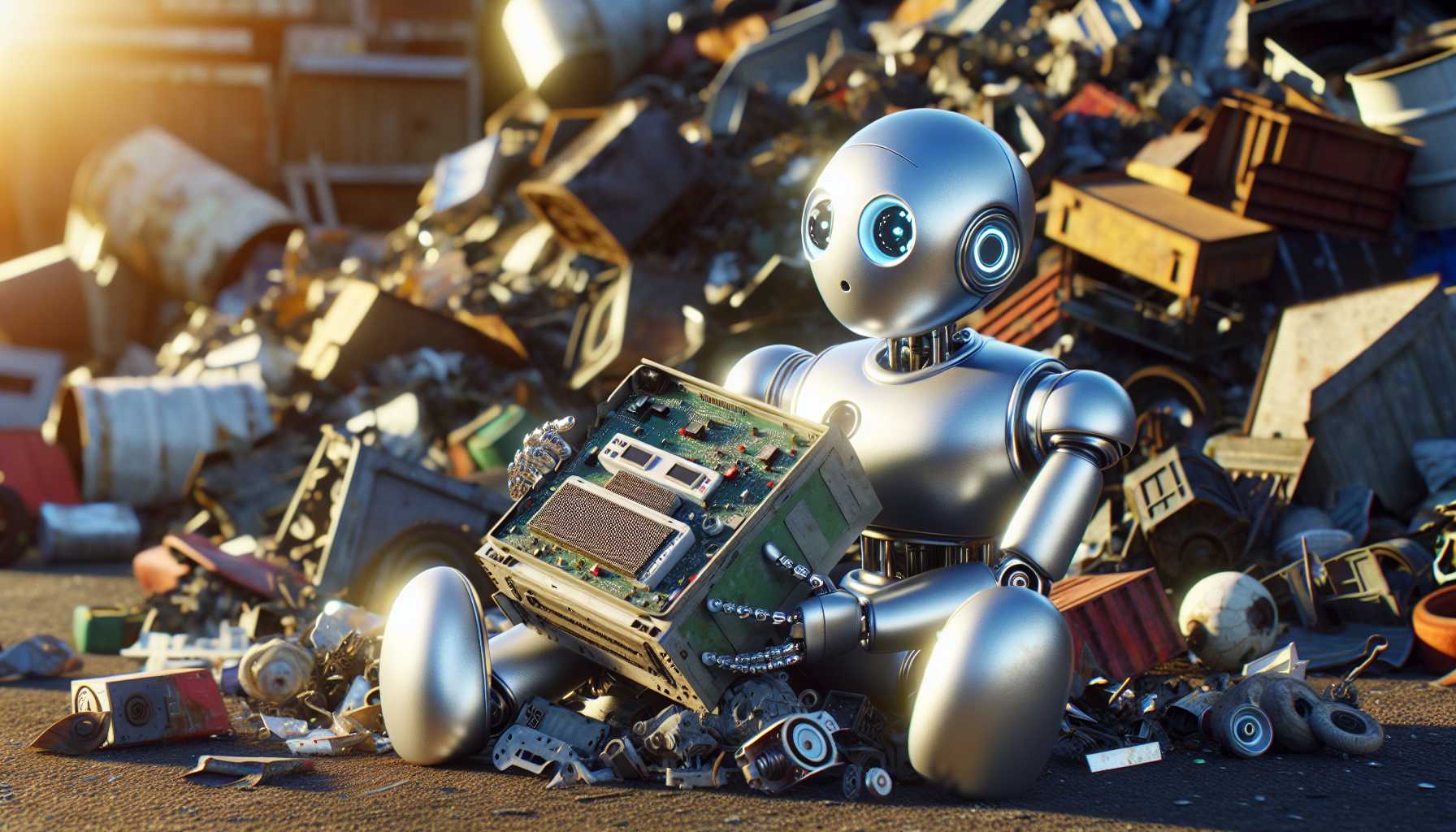 a cute robot sitting in a junkyard, holding a broken AI gadget