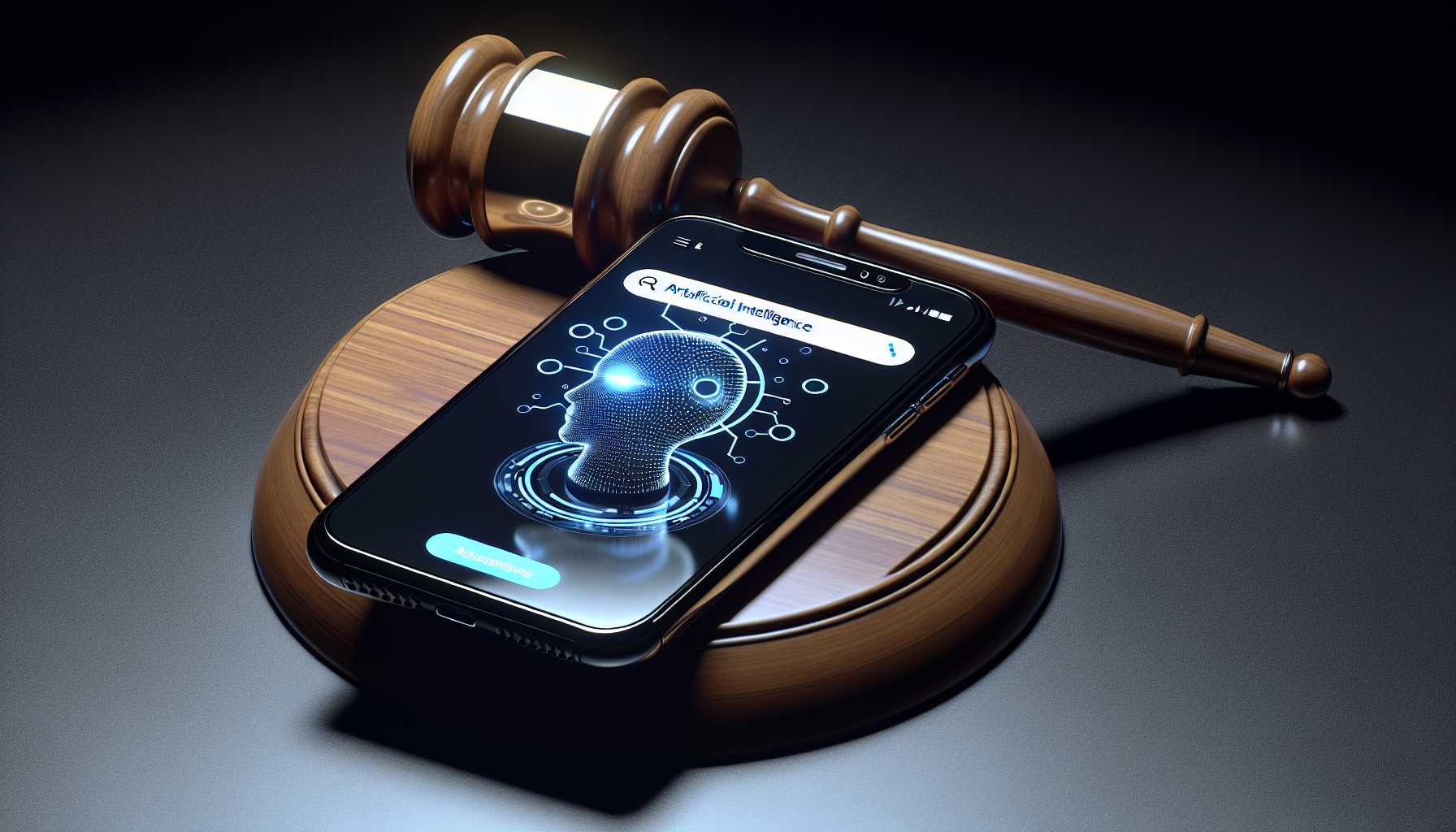 a courtroom gavel on top of a smartphone with AI search engine on the screen