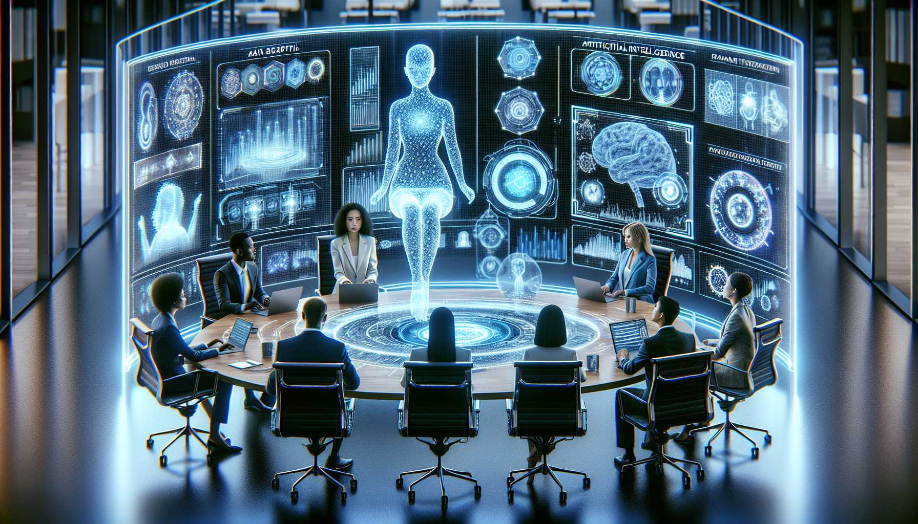 a strategic meeting in a futuristic office with holographic displays showing AI models