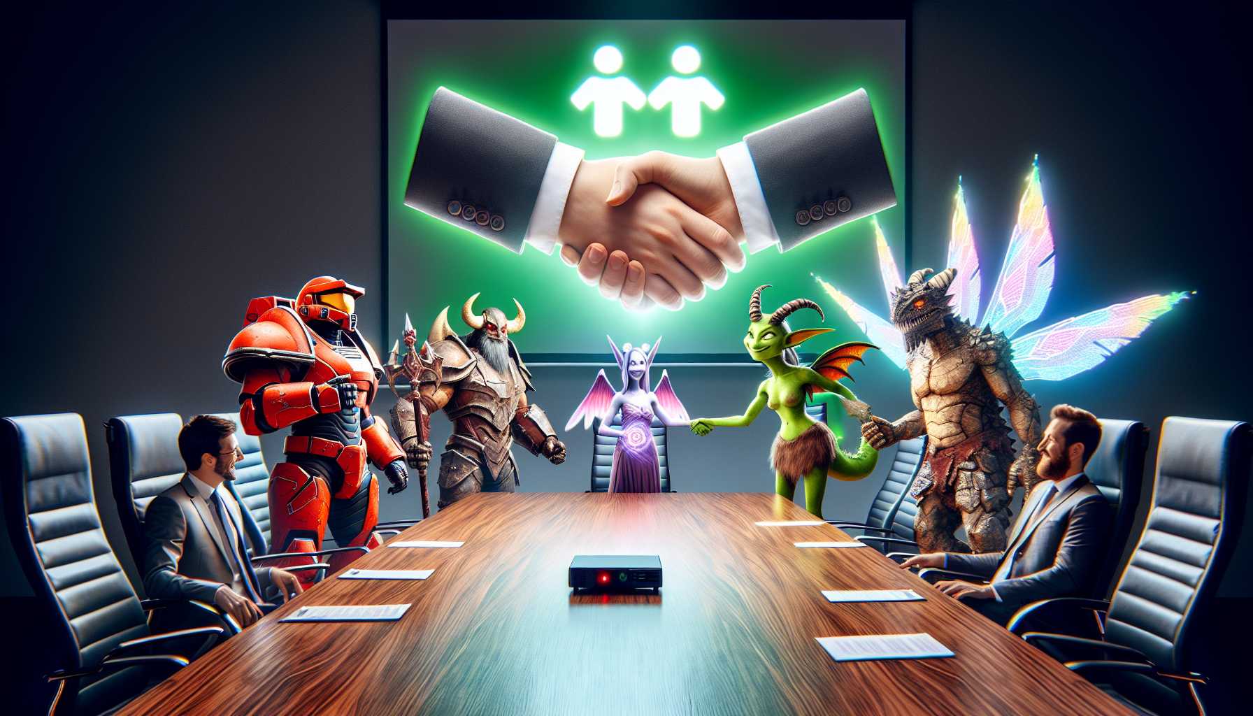 a business merger announcement in the gaming industry with various gaming mascots shaking hands