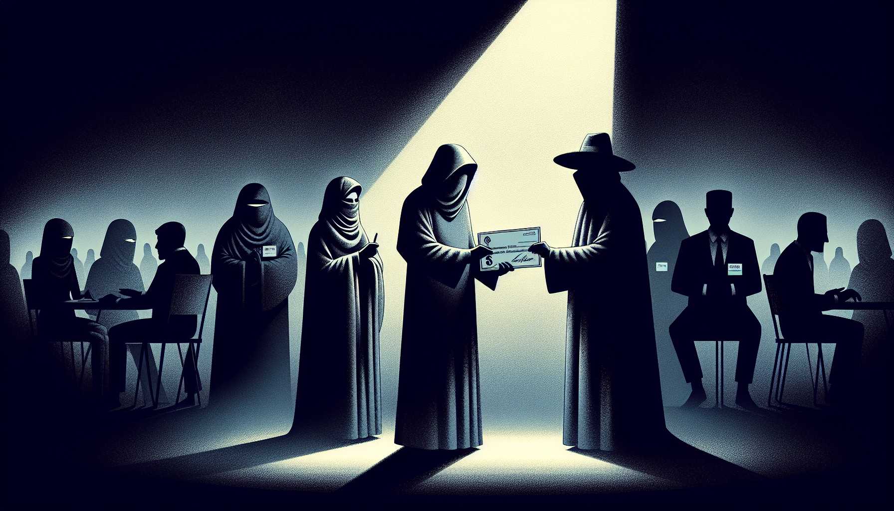 a secret research funding operation, represented by shadowy figures exchanging an oversized check under the guise of anonymity