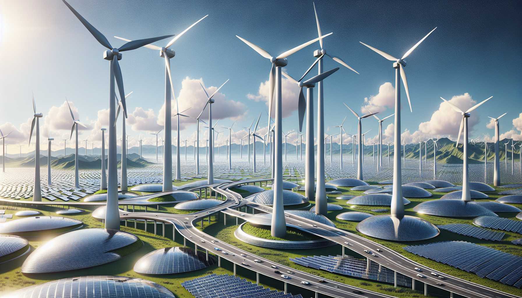 Futuristic renewable energy wind turbines and solar panels