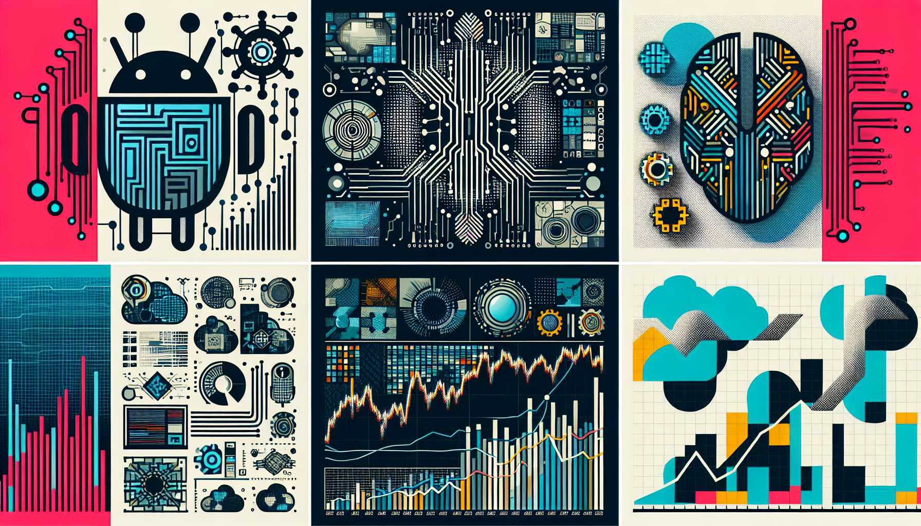 Collage of tech company logos and stock market graphs