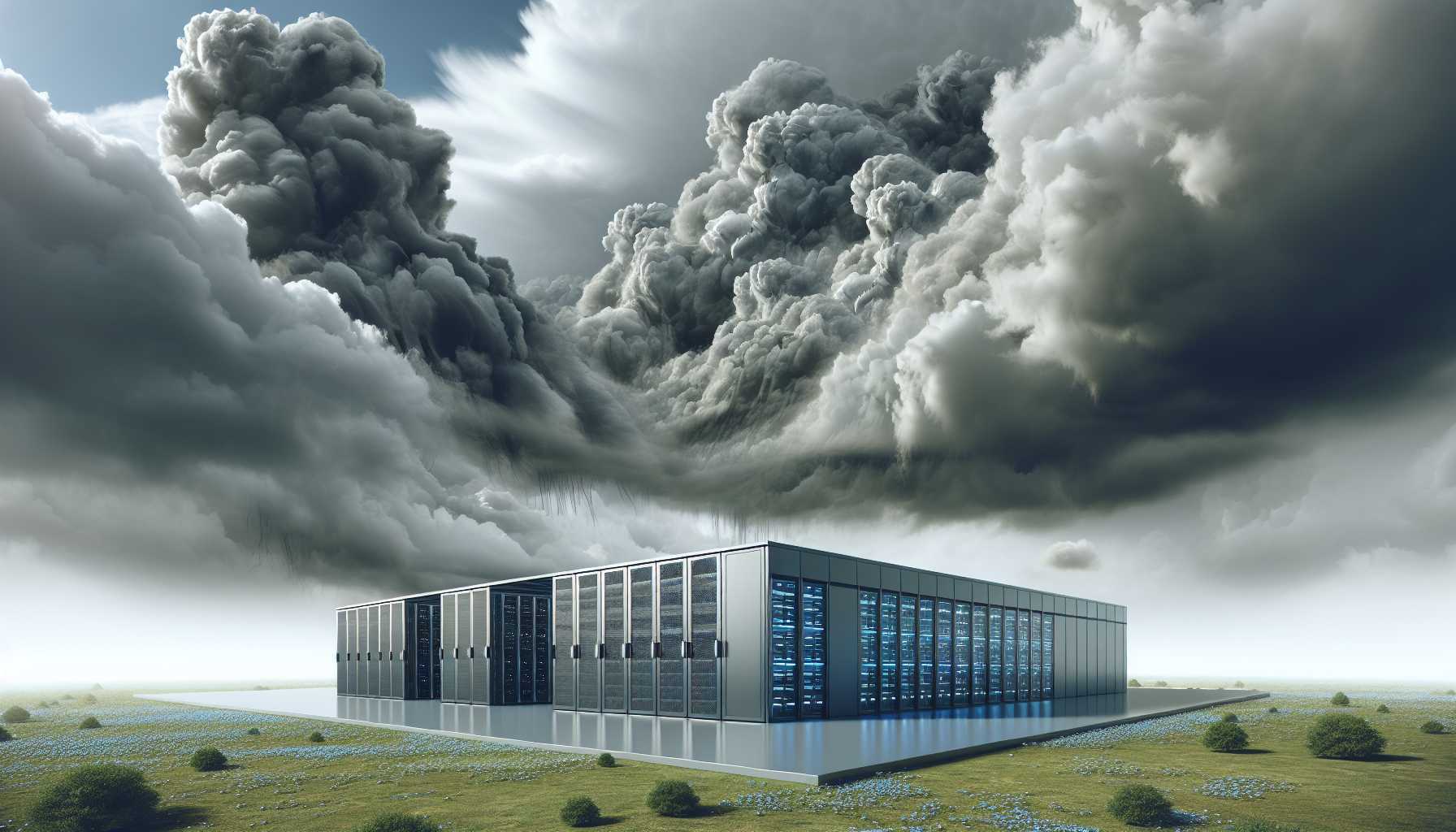 An overcast sky with clouds looming over a data center