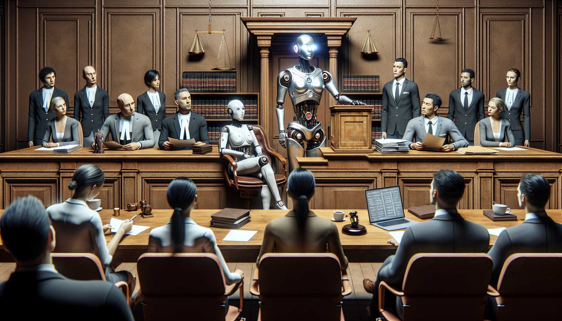 Courtroom with AI robots and lawyers